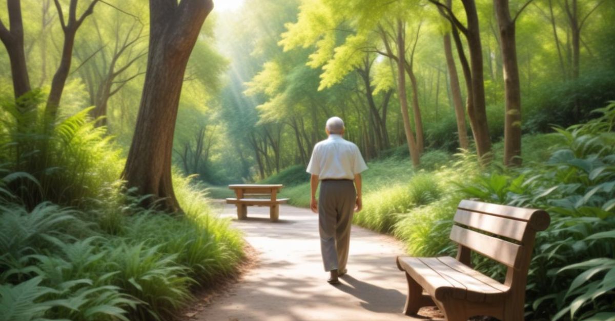 An elderly man walks along a wooded path, embodying the theme of "Comfort in God's Promises" in nature's tranquility.
