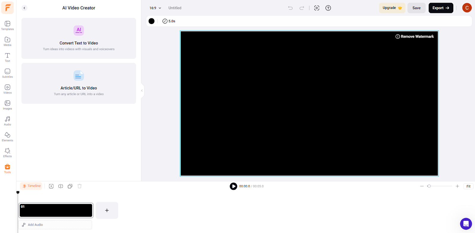FlexClip landing page showcasing the AI video generator option prominently after signing in.