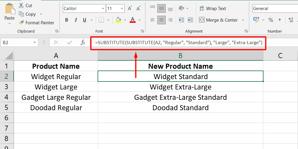 The formula used in the right column is =SUBSTITUTE(SUBSTITUTE(A2, "Regular", "Standard"), "Large", "Extra-Large").