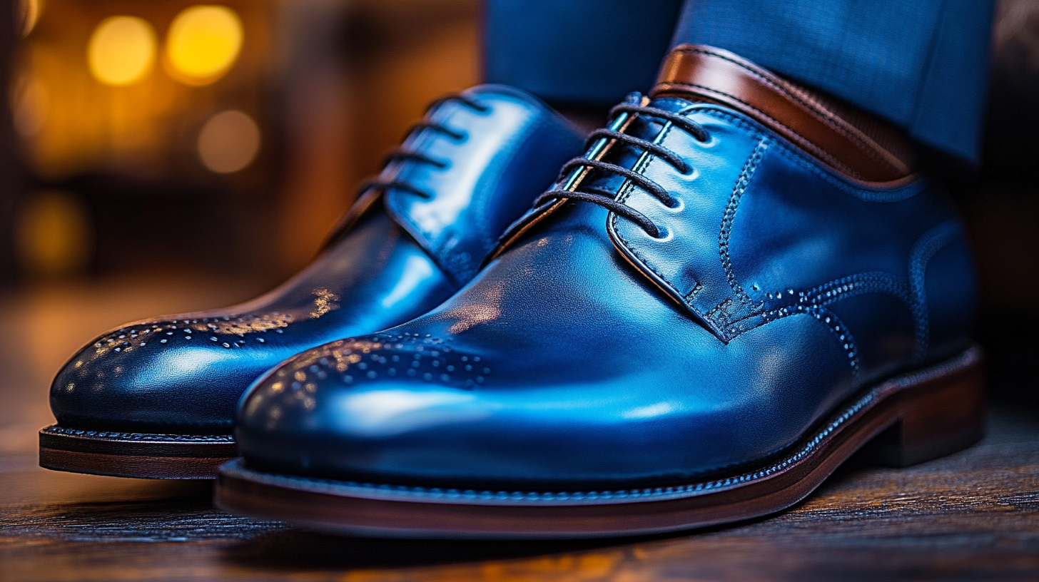 A close-up of polished dark leather shoes, such as oxfords or derbies, perfectly complementing a blue suit. The shoes are sleek and sophisticated with a glossy finish, showcasing a high-quality leather texture. The belt matches the shoes, creating a cohesive and elegant look for a formal occasion.