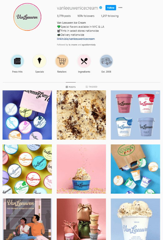 Instagram account showcasing delicious waffle desserts and creamy treats from Waffle Creamery.