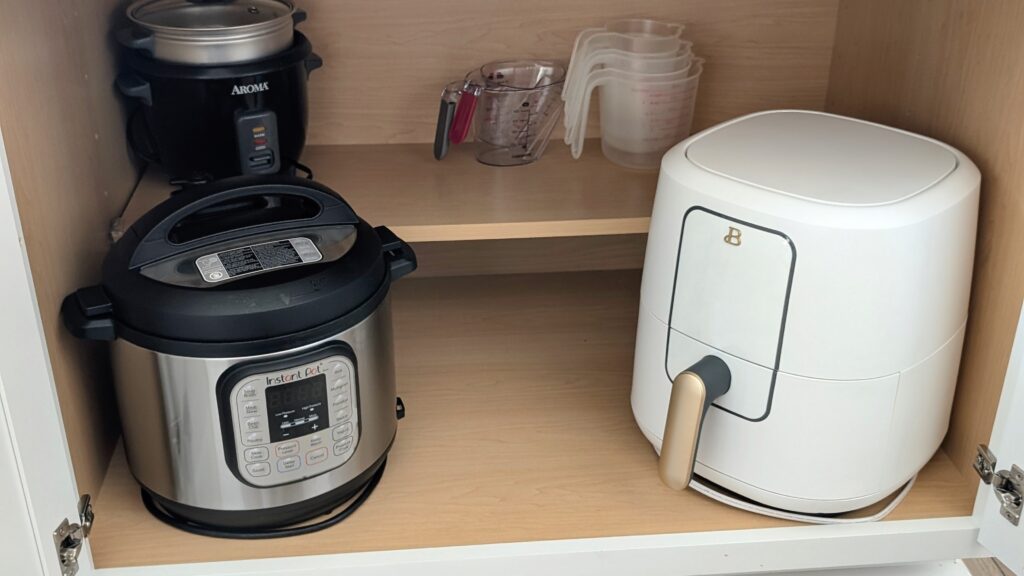 Kitchen essentials inside wide cabinet