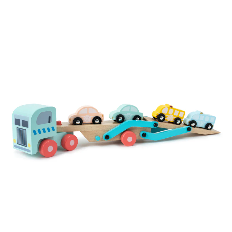 Wooden car transporter toy on a shelf in a stylish, child-friendly living room, adding charm and functionality to the décor