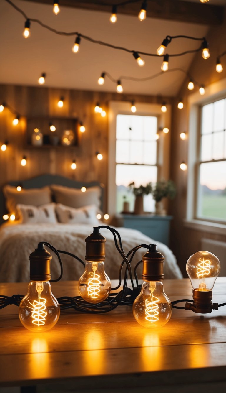 Warm glow of Edison bulb fairy lights illuminating a cozy farmhouse bedroom with vintage decor