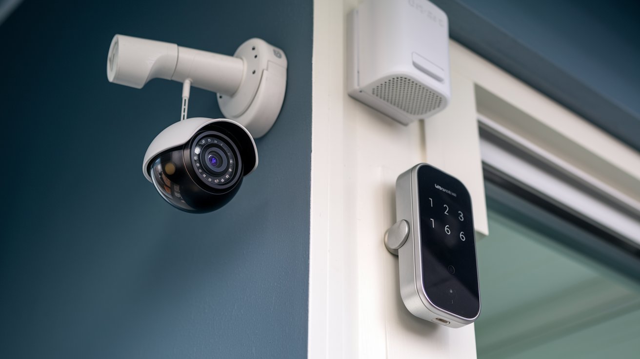 Smart security system components, including cameras, sensors, and smart locks.