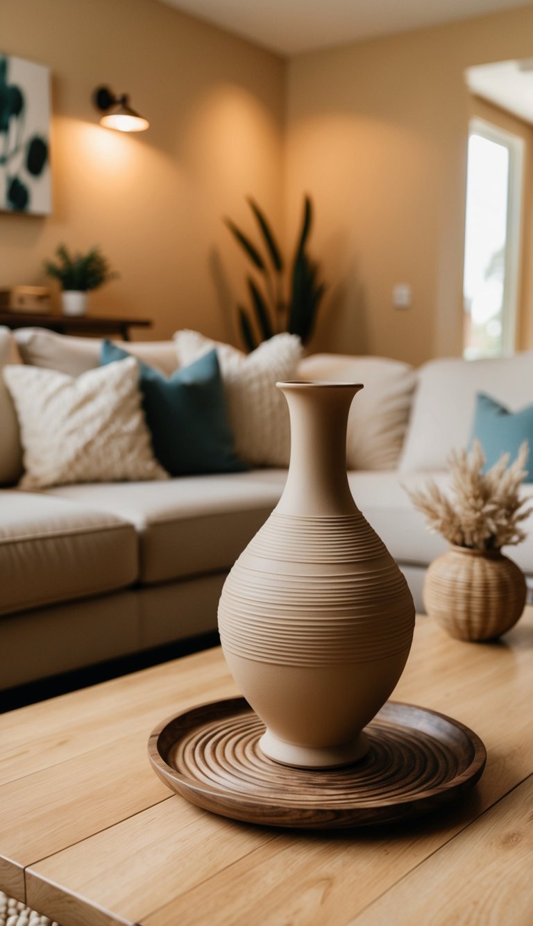 A handcrafted beige vase sits on a wooden coffee table in a cozy beige living room with warm lighting and natural decor