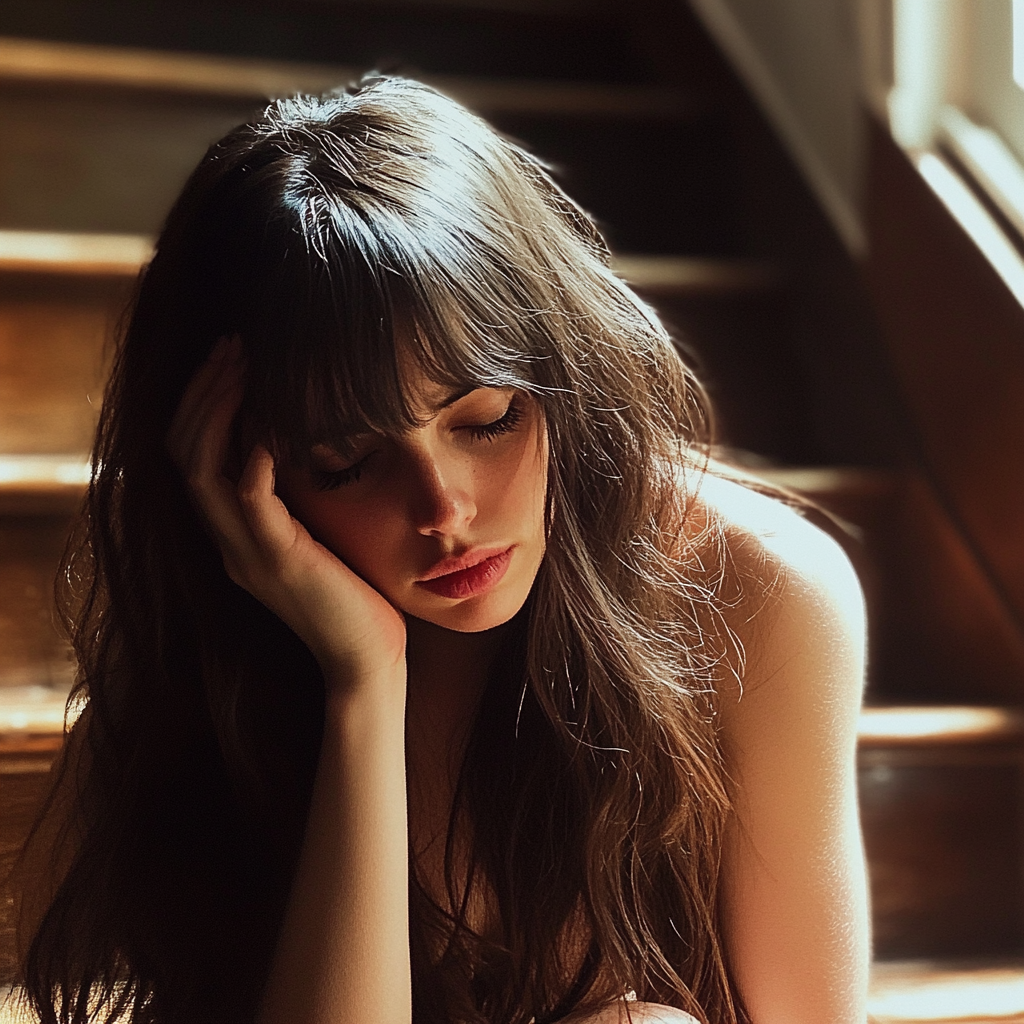 An upset woman sitting on a staircase | Source: Midjourney