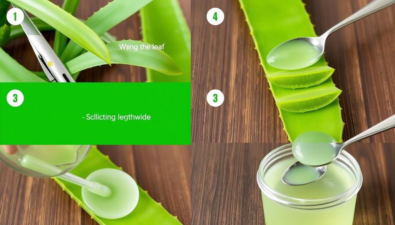 Step-by-step process of extracting aloe vera gel from a leaf