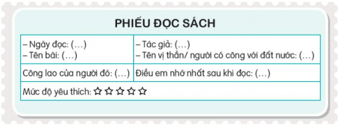 BÀI 24. CÙNG BÁC QUA SUỐIKHỞI ĐỘNGCâu hỏi: Cùng bạn nghe một bài hát về Bác Hồ và nêu cảm xúc của em khi nghe bài hát đó.Giải nhanh:Gợi ý:Em rất xúc động khi nghe. ĐỌCCâu 1: Những chi tiết nào (ở đầu câu chuyện) cho thấy Bác rất cẩn thận khi qua suối?Giải nhanh:Bác cẩn thận, vừa đi vừa dò mực nước.Thỉnh thoảng nhắc các chiến sĩ đi sau: “Chỗ này nước sâu, khéo ướt quần đó!”, “Chỗ này rêu trơn, đi cần thận!”.Câu 2: Chuyện gì xảy ra khi Bác gần qua được suối?Giải nhanh: Bác bị trượt chân, suýt ngã.Câu 3: Biết hòn đá có rêu trơn, Bác đã làm gì? Vì sao Bác làm như vậy?Giải nhanh: Cúi xuống nhặt và đặt hòn đá lên bờ. Bác làm vậy để tránh cho người đi sau khỏi bị ngã.Câu 4: Sắp xếp các sự việc cho đúng với trình tự trong câu chuyện.Giải nhanh:Một chiến sĩ sẩy chân ngã → Bác dừng lại đợi và nhắc nhở anh chiến sĩ → Anh chiến sĩ quay lại kê hòn đá cho chắc → Hai bác cháu tiếp tục lên đường.Câu 5: Câu chuyện Cùng Bác qua suối cho thấy những phẩm chất nào của Bác?Giải nhanh:Cẩn thận, chu đáo, tỉ mỉ, biết suy nghĩ cho người khác.Tư duy nhạy bén, suy nghĩ sâu sắc, giải quyết vấn đề một cách nhanh chóng. ĐỌC MỞ RỘNGCâu 1: Đọc câu chuyện về một vị thần trong kho tàng truyện cổ Việt Nam (hoặc người có công với đất nước) và viết vào phiếu đọc sách theo mẫu.Giải nhanh:PHIẾU ĐỌC SÁCH- Ngày đọc: 1/1/2022- Tên bài: Thánh Gióng- Tác giả: do dân gian truyền miệng- Tên vị thần/người có công với đất nước: GióngCông lao của người đó: đánh đuổi giặc Ân xâm lược.Điều em nhớ nhất sau khi đọc: Gióng cởi giáp bỏ nón lại, rồi cả người lẫn ngựa bay thẳng lên trời.Mức độ yêu thích: 5 sao Câu 2: Kể với bạn về công lao của vị thần (hoặc người có công với đất nước) trong bài đã đọc.Giải nhanh:HS tự chia sẻ với câu bạn về câu chuyện đã đọc. LUYỆN TỪ VÀ CÂUCâu 1: Giới thiệu một lễ hội (hoặc hội) mà em biết.Mẫu:Giải nhanh: Giới thiệu một lễ hội (hoặc hội) mà em biết.Tên lễ hội (hoặc hội)Địa điểm tổ chức lễ hội (hoặc hội)Các hoạt động trong lễ hội (hoặc hội)Lễ hội chùa HươngHà Nộimúa lân, dâng hương, lễ chùa, leo núi,...Lễ hội đua thuyềnQuảng Bìnhlễ khai mạc, diễu hành, thi đấuLễ Đèo Nhông - Dương LiễuBình Địnhdâng hương, Đánh trống khai mạc, múa lân dâng hương, dâng hoa vốn là truyền thống của lễ hội... Câu 2: Viết một câu hỏi và một câu trả lời về lễ hội (hoặc hội), trong đó có sử dụng dấu gạch ngang.Giải nhanh: - Ngày mai, cậu có đi tham gia lễ hội dâng hương cho các anh hùng liệt sĩ không?- Có chứ, mai tớ sẽ tham gia.Câu 3: Nêu công dụng của dấu ngoặc kép và dấu gạch ngang trong đoạn văn dưới đây:Sáng nay, lớp Quốc Anh nghe cô kể chuyện Có công mài sắt, có ngày nên kim. Cuối buổi, cô dặn cả lớp:  Chúng ta cần phải rèn luyện đức tính kiên nhẫn.