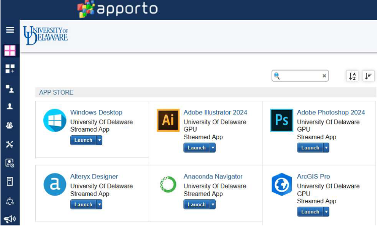 This image shows the selections on the Apporto App Store.  The "Windows Desktop" button is to open the UD Remote Computer Labs.