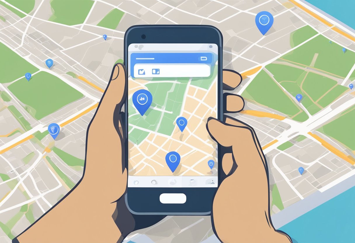 Une personne utilisant un téléphone mobile pour rechercher des entreprises locales, avec une carte et des résultats de pack local affichés sur l'écran.