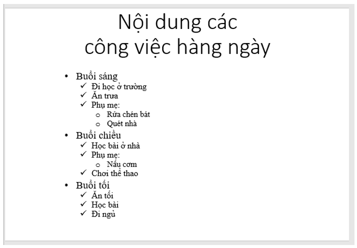 BÀI 11 - TẠO BÀI TRÌNH CHIẾU1. MỘT SỐ CHỨC NĂNG CƠ BẢN CỦA PHẦN MỀM TRÌNH CHIẾUHoạt động 1: Một số chức năng cơ bản của phần mềm trình chiếuCâu 1: Em đã biết gì về phần mềm trình chiếu?Đáp án chuẩn:Phần mềm trình chiếu là phần mềm được thiết kế để cho phép người sử dụng trình bày thông tin dưới hình thức trình chiếu một cách hấp dẫn và hiệu quả.Câu 2: Khi tạo một bài trình bày với nội dung gồm văn bản, hình ảnh và nhiều đối tượng khác, em chọn sử dụng phần mềm soạn thảo văn bản hay phần mềm trình chiếu? Vì sao?Đáp án chuẩn:Em chọn sử dụng phần mềm trình chiếu vì phần mềm trình chiếu có các hiệu ứng làm cho nội dung trình bày thêm sinh động và hấp dẫn.Câu hỏi Câu 1: Trong các bài phát biểu sau, phát biểu nào đúng, phát biểu nào sai?a) Phần mềm trình chiếu thường được sử dụng để tạo bài trình chiếu phục vụ hội nghị, dạy học, quảng cáo, …b) Phần mềm trình chiếu có chức năng tạo bài trình chiếu và lưu dưới dạng tệp.c) Có thể nhập và xử lí văn bản, hình ảnh trên các trang chiếu.d) Chức năng của phần mềm trình chiếu là tính toán tự động.Đáp án chuẩn:Đáp án a, b, c đúng. Đáp án d sai.2. TIÊU ĐỀ CỦA BÀI TRÌNH CHIẾUHoạt động 2: Tạo tiêu đề của bài trình chiếuCâu 1: Khi tạo bài trình chiếu, em thường trình bày các trang như thế nào?Đáp án chuẩn:Em thường trình bày các trang nội dung có tiêu đề trang và nội dung trang. Tiêu đề trang được viết dưới dạng văn bản ở trên đầu mỗi trang.Câu 2: Theo em, tiêu đề của bài trình chiếu nên đặt ở trang nào? Muốn làm nổi bật nội dung của mỗi trang thì cần làm như thế nào?Đáp án chuẩn:Tiêu đề của bài trình chiếu nên đặt ở trang đầu tiên. Muốn làm nổi bật nội dung của mỗi trang thì tiêu đề trang được đặt trên đầu các trang nội dung.Câu hỏiCâu 1: Phát biểu nào sau đây không đúng?A. Trang tiêu đề là trang đầu tiên và cho biết chủ đề của bài trình chiếu.B. Các trang nội dung của bài trình chiếu thường có tiêu đề trang.C. Tiêu đề trang giúp làm nỗi bật nội dung cần trình bày của trangD. Các phần mềm trình chiếu không có sẵn các mẫu bố trí.Đáp án chuẩn:Đáp án D.3. CẤU TRÚC PHÂN CẤPHoạt động 3: Cấu trúc phân cấpCâu 1: Em hãy quan sát hai cách trình bày dự án Trường học xanh sau đây và cho biết cách trình bày nào dễ hiểu hơn?Đáp án chuẩn:Cách 2 trình bày dễ hiểu hơn vì chia rõ bố mục các phần.Câu hỏi Câu 1: Câu nào sau đây sai khi nói về cấu trúc phân cấp?A. Là cấu trúc gồm danh sách nhiều cấp.B. Giúp làm cho nội dung cần trình bày có bố cục mạch lạc, dễ hiểu.C. Cấu trúc này gồm một chuỗi các dấu đầu dòng ngang cấp nhau.D. Cấu trúc này được sử dụng nhiều trong soạn thảo văn bản, tạo bài trình chiếu.Đáp án chuẩn:Đáp án C.LUYỆN TẬPCâu 1: Ưu điểm của việc sử dụng cấu trúc phân cấp trong bài trình chiếu là gì?Đáp án chuẩn:Cấu trúc phân cấp giúp làm cho nội dung trình bày có bố cục mạch lạc, dễ hiểu.Câu 2: Em hãy tạo trang chiếu ghi các công việc cần làm trong ngày và sử dụng cấu trúc phân cấp để trình bày nội dung.Đáp án chuẩn:Gợi ý:VẬN DỤNG