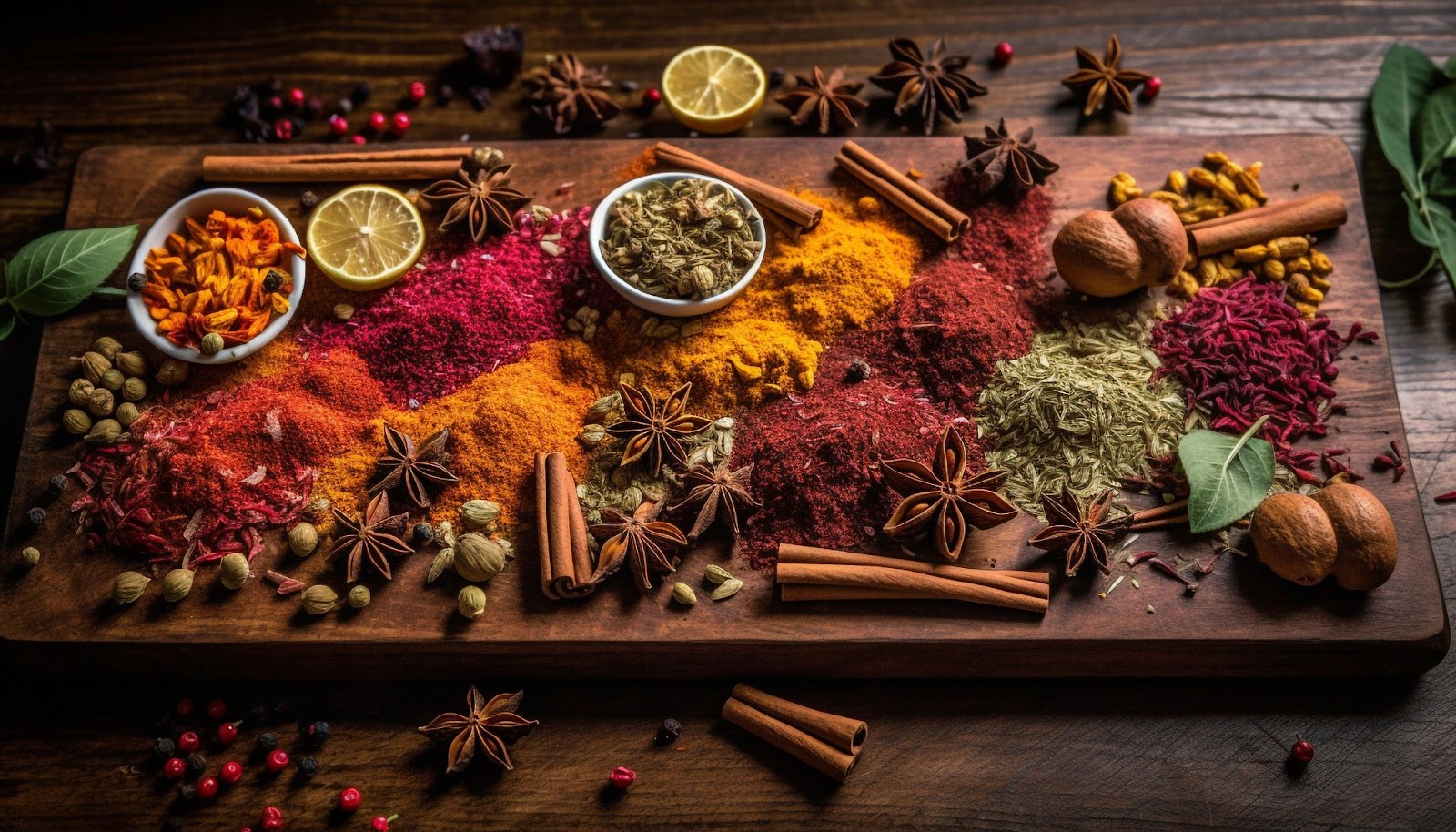 Colorful array of spices and herbs arranged on a rustic wooden cutting board, including cinnamon sticks, star anise, turmeric, paprika, dried herbs, walnuts, and lemon slices, with scattered spices creating vibrant orange, red, and green powders across the dark wood surface