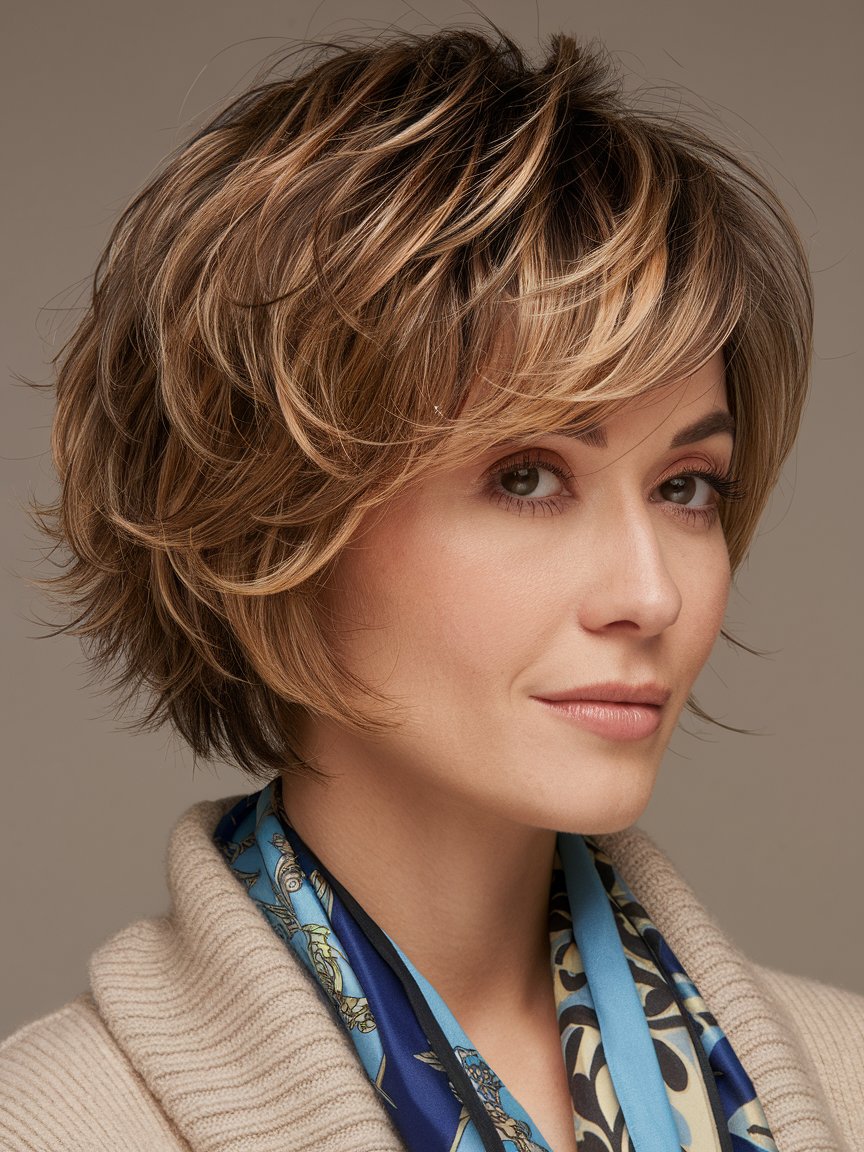 83. Short Textured Bob with Sunkissed Blonde Highlights