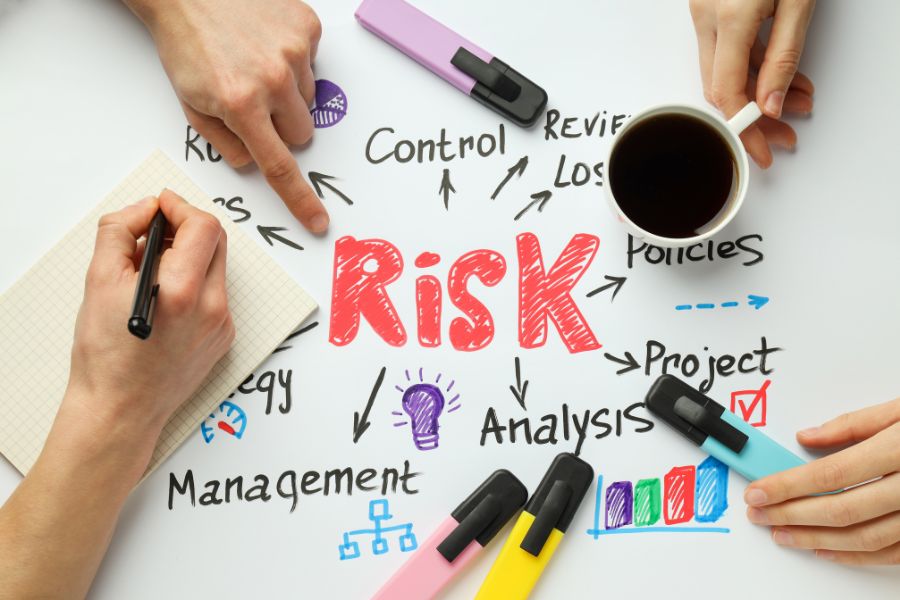 Hands planning risk management strategies with colorful markers on paper