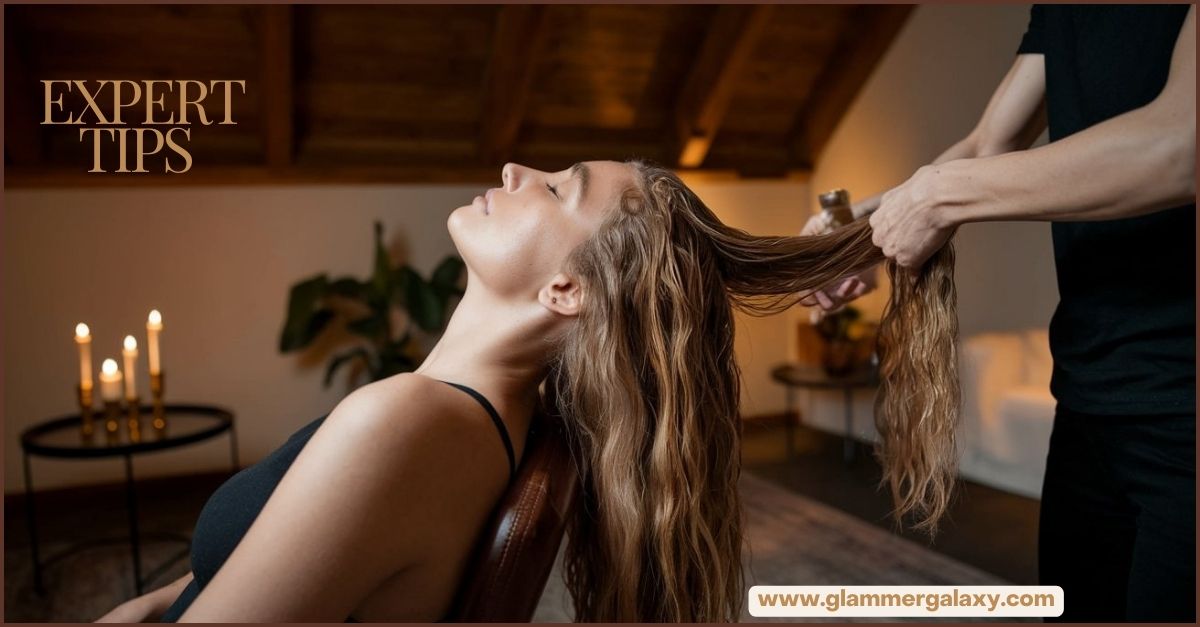 Person applying oil to another’s scalp, candles lit in background