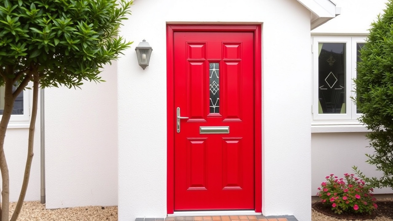 A bright red composite door stands out against a white house.