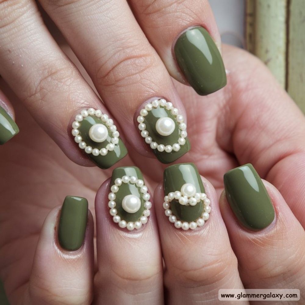 Olive green nails with Pearl Accent for an Elegant Touch