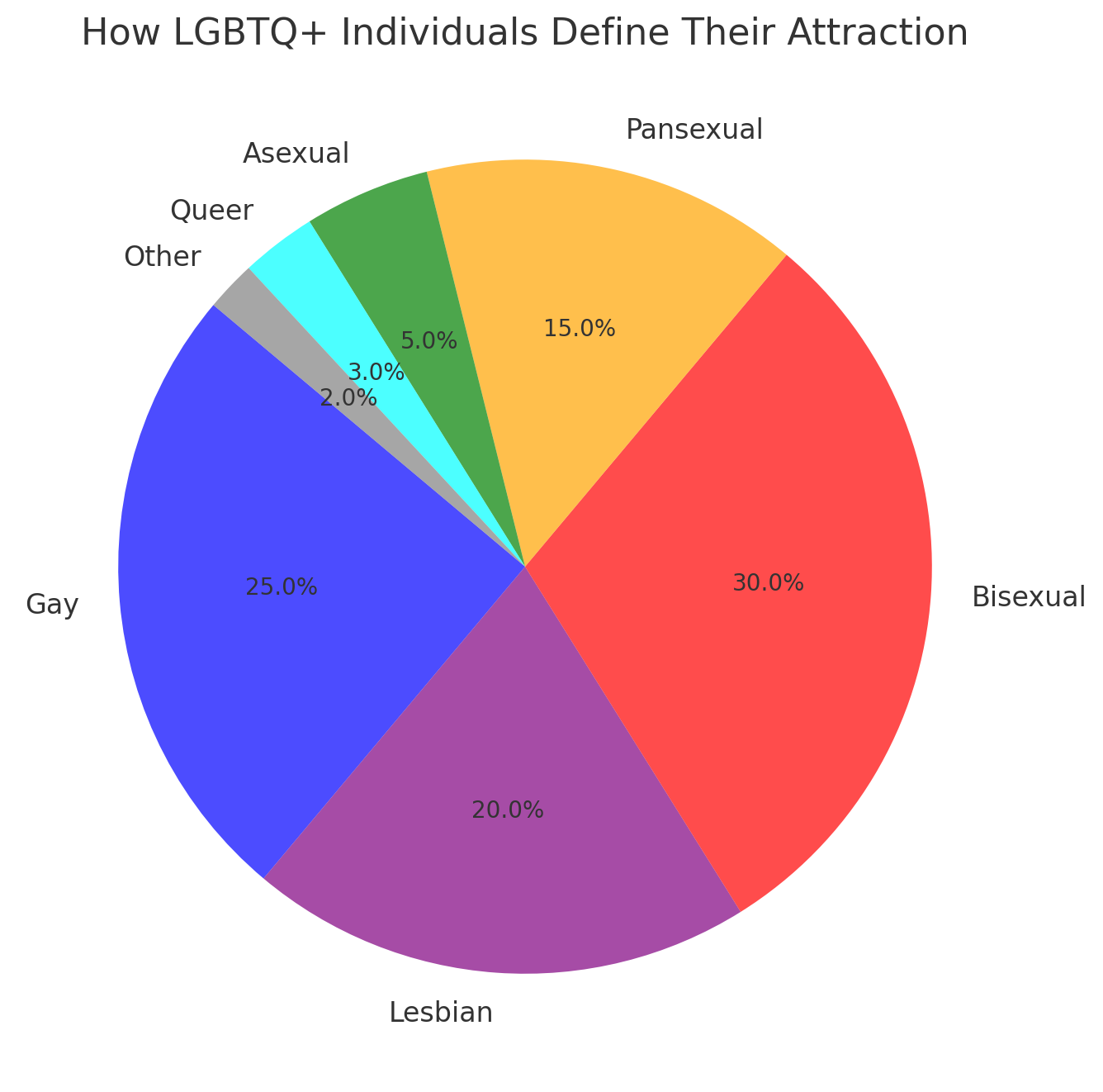 Pie chart showing how LGBTQ+ individuals define their attraction, including pansexual and bisexual.