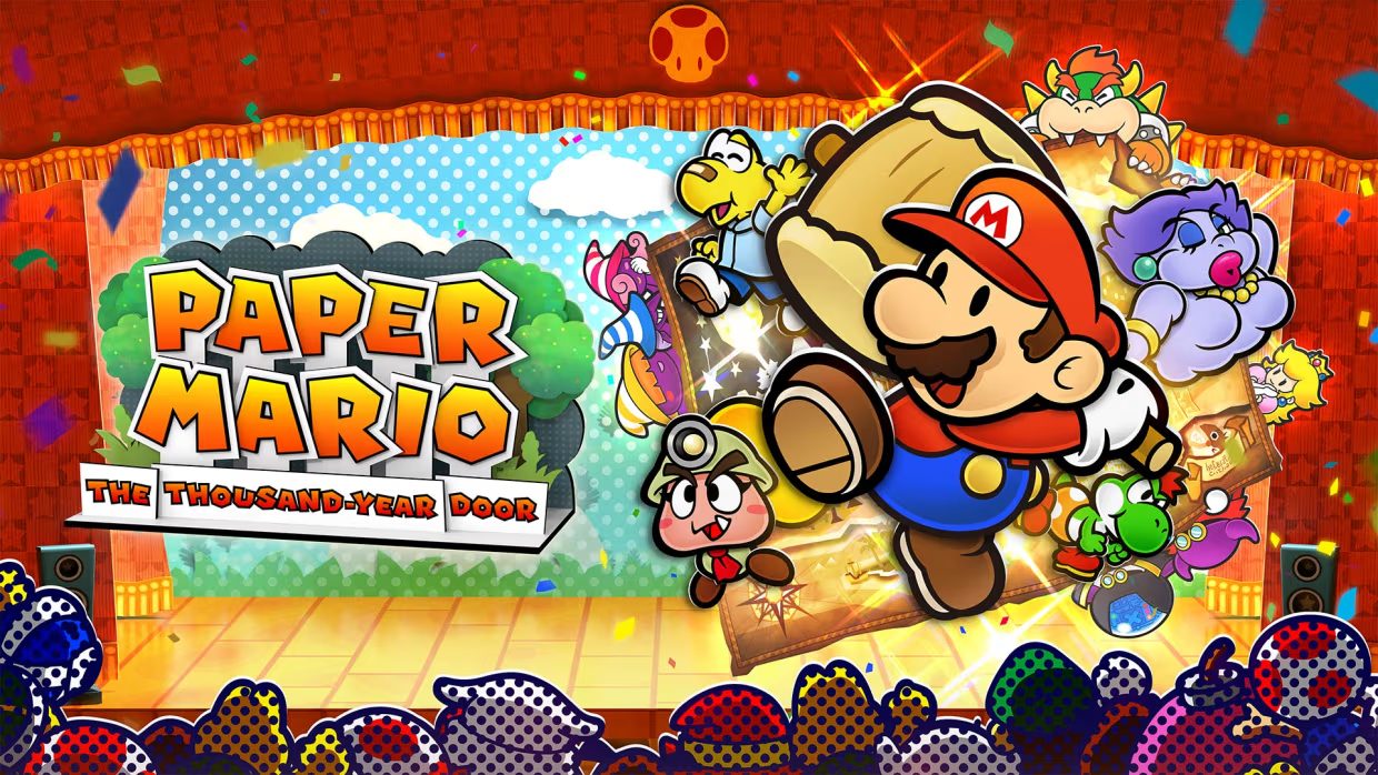 Key art for Paper Mario the thousand-year door featuring Mario on a stage. He is made of paper.