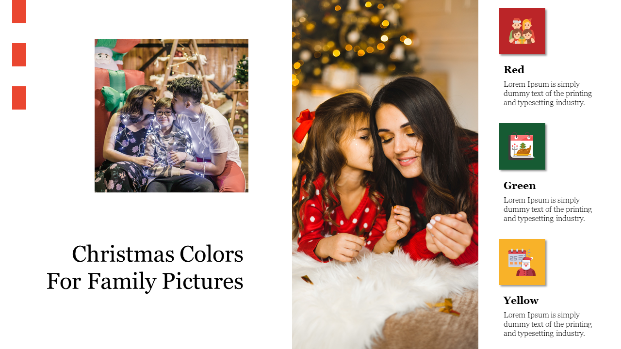 Christmas-themed slide showcasing family pictures with red, green, and yellow color highlights and festive holiday details.