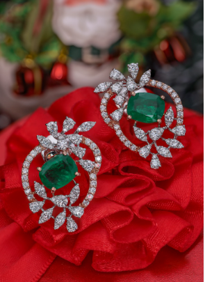 Rose gold diamond earrings with emeralds | CKC Jewellery shop