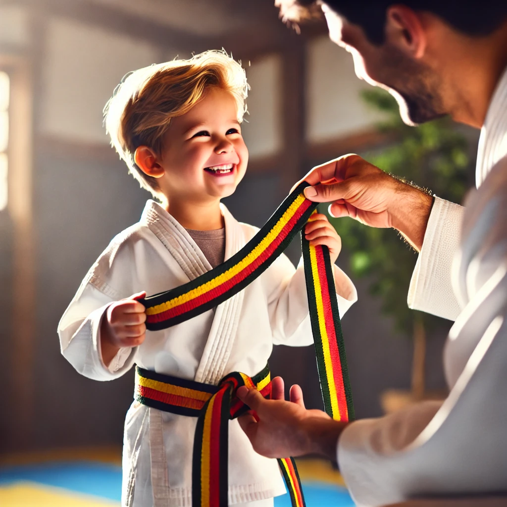 Child receiving a martial arts belt, building confidence through achievement