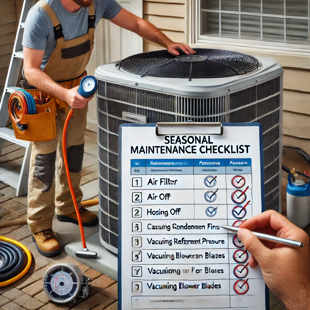 Homeowner cleaning outdoor condenser fins with a garden hose during spring maintenance.