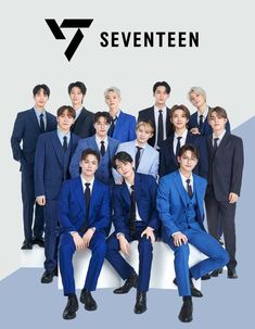 This contains an image of SEVENTEEN group in suits and ties posing for a photo with the words seventeen above them