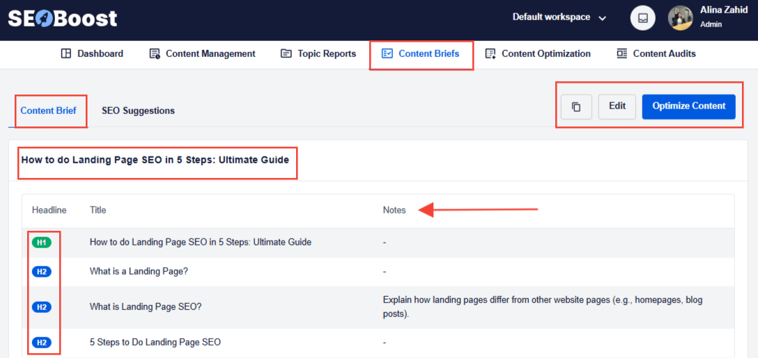 SEOBoost’s Content Briefs feature shows the content brief and notes for a blog post