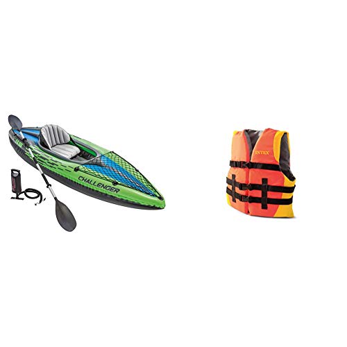 Intex Challenger K1 Kayak, 1-Person Inflatable Kayak Set with Aluminum Oars and High Output Air Pump Youth Life Vest, USCG Approved, for Youth Weighing 50-90lbs