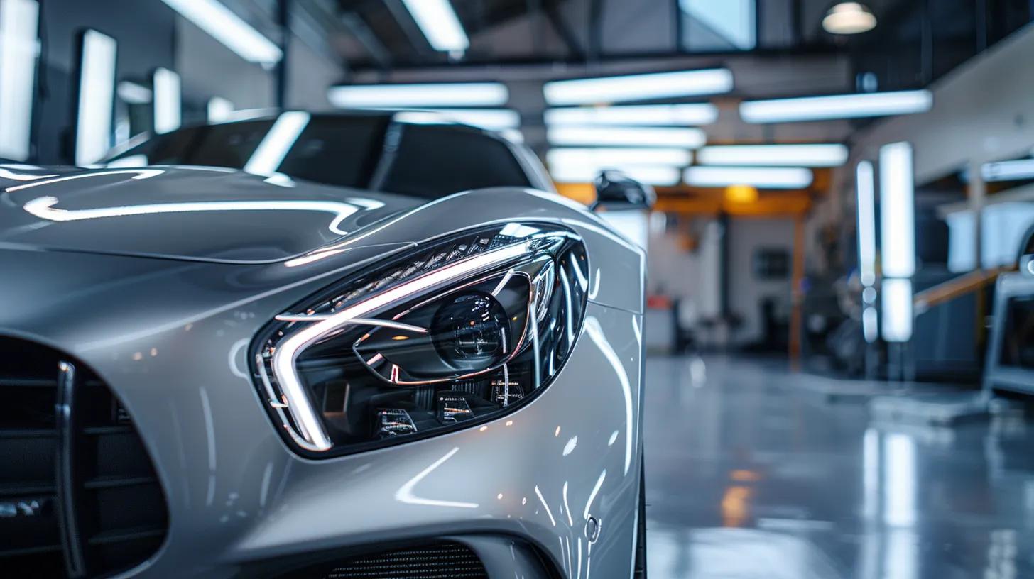a sleek, modern car glistens under the fluorescent lighting of a meticulous detailing studio, showcasing its pristine ceramic coating while a skilled technician prepares the next premium product for application, embodying coastal shield detailing's commitment to excellence in vehicle care.