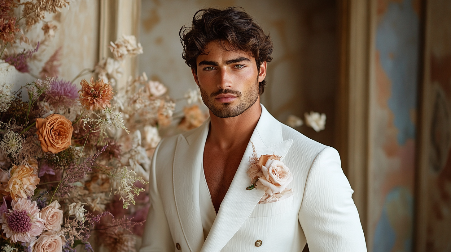 A groom in a sharp white suit, with natural and minimal makeup that enhances his features. The groom wears light foundation or powder to even out his skin tone, with a touch of concealer to address any blemishes. A subtle touch of bronzer adds warmth to his complexion, and his eyebrows are neatly groomed to frame his face beautifully. The refined wedding venue, with soft lighting and elegant décor, highlights the groom’s polished, natural look, complementing his white suit with effortless sophistication