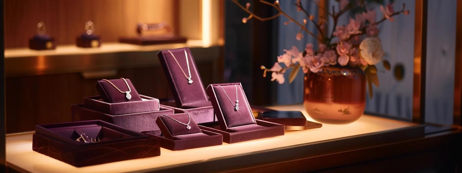 a beautifully arranged display of unique, personalized jewelry pieces nestled in luxurious velvet boxes, set against an elegant, softly lit office backdrop, evoking a sense of warmth and thoughtfulness for mother's day gifting.