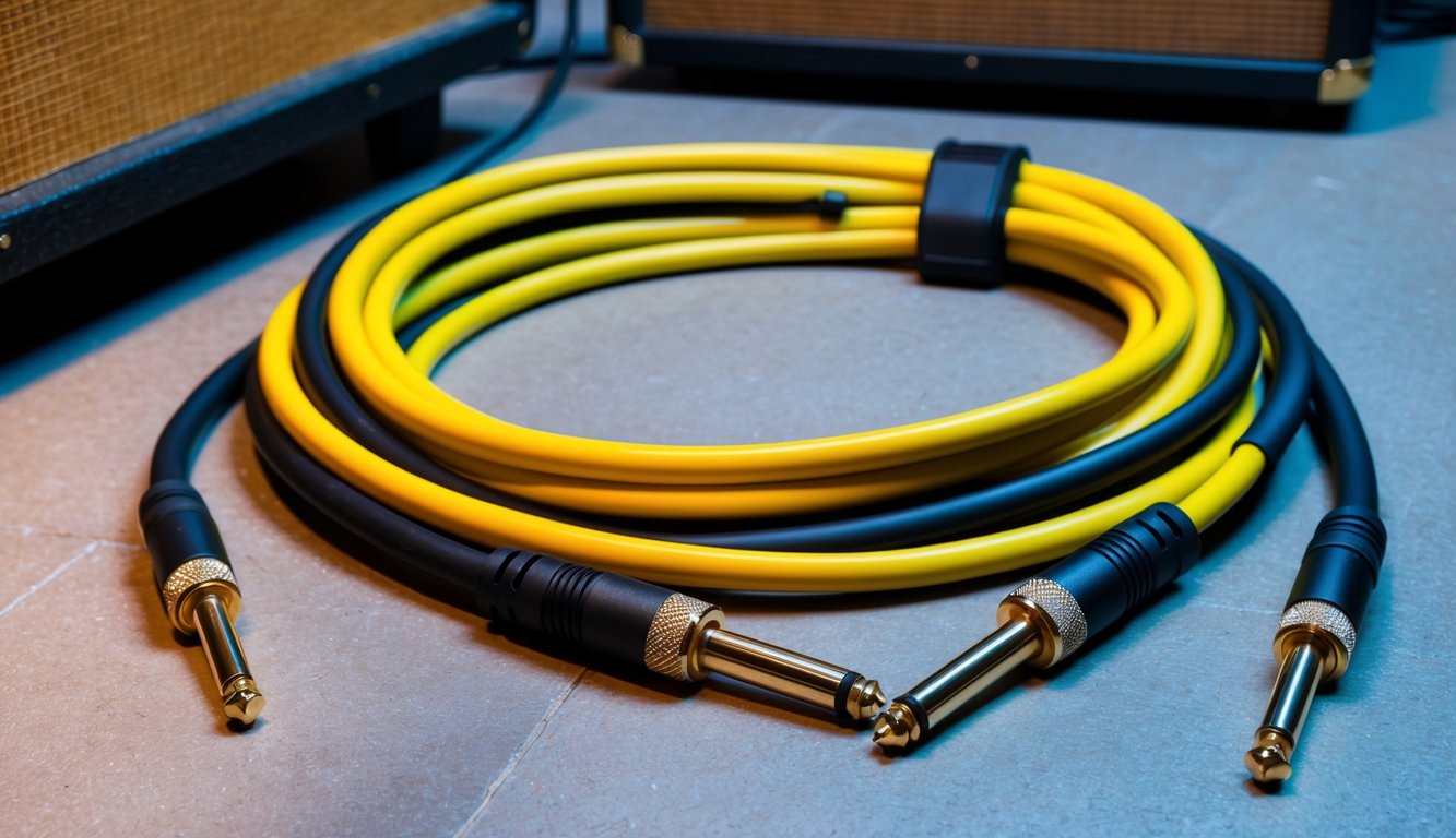 A guitar cable coils neatly on a studio floor, connecting the instrument to an amplifier. The cable's ends gleam under the warm glow of stage lights