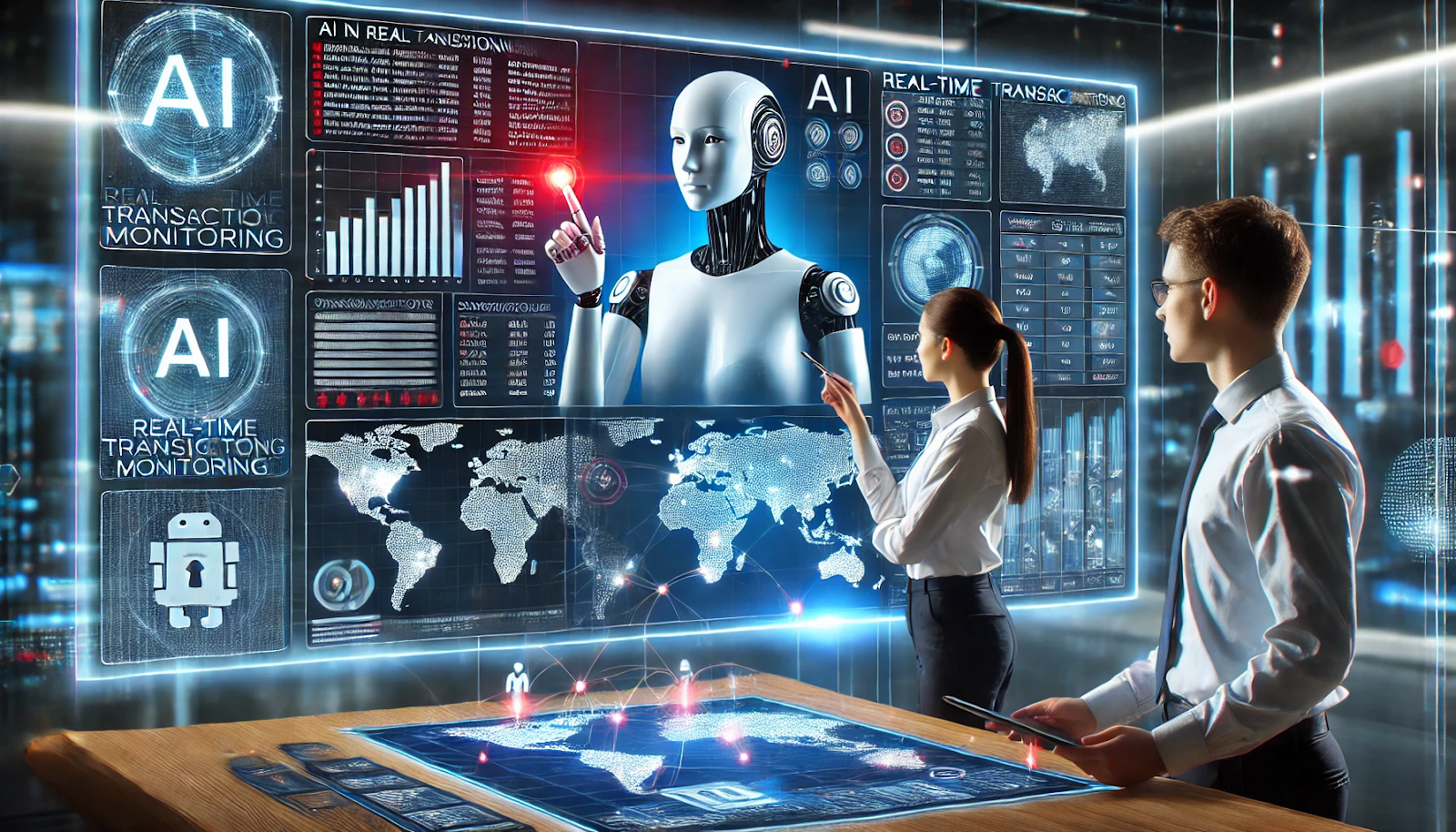 A dynamic scene showing an AI interface on a screen with a transaction monitoring dashboard. The screen displays a list of transactions with some highlighted in red to indicate suspicious activity. A female data analyst is seen pointing to the red transactions, while a male colleague is examining a digital tablet. The background shows a digital map with glowing transaction lines connecting various global locations, representing real-time global transaction monitoring.
