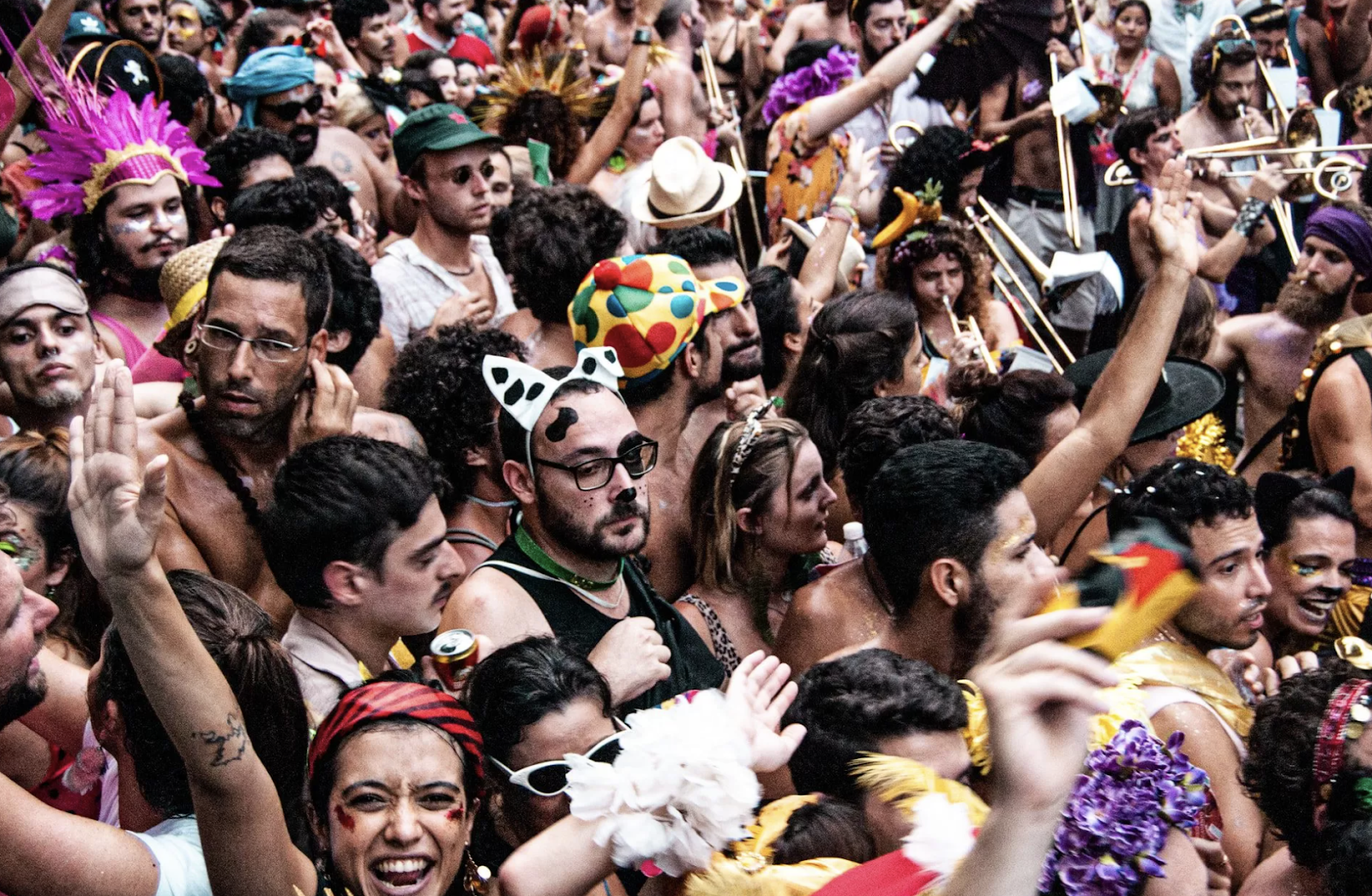 Personas celebrando el Carnaval de Brasil con disfraces y entusiasmo.
