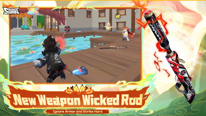 Sausage Man character fighting with the new powerful weapon - Wicked Rod