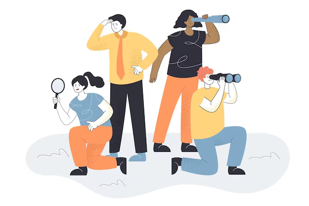 Vector diagram of four people viewing different things with a telescope, binoculars, magnifying glass, and eyes