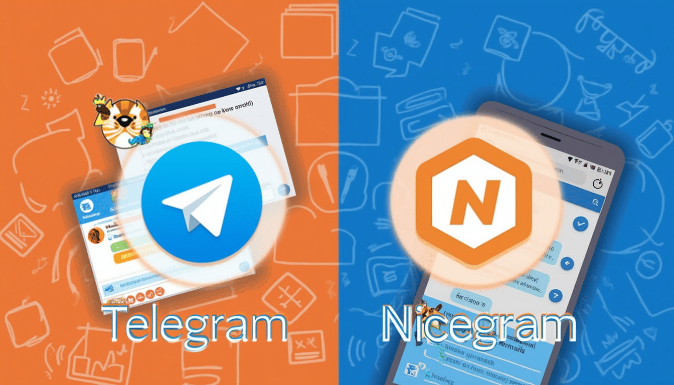 A split image showing the logos of Telegram and Nicegram, with chat interfaces in the background and doodles around them.