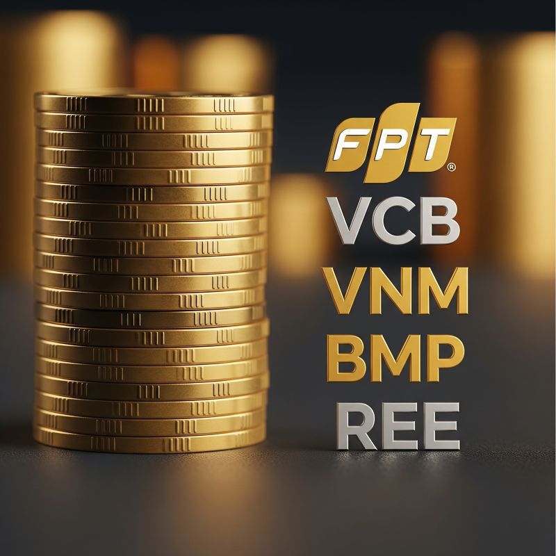Chồng đồng xu kèm logo cổ phiếu trả cổ tức phổ biến tại Việt Nam