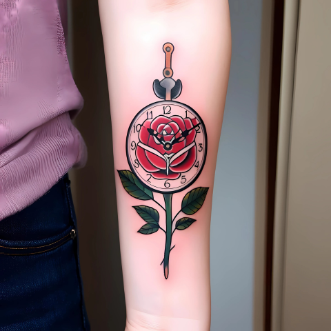 Rose with a Clock Tattoo