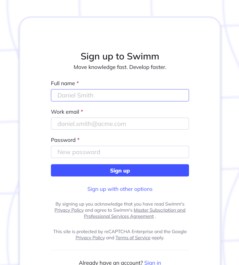 Screenshot of Swimm sign up form