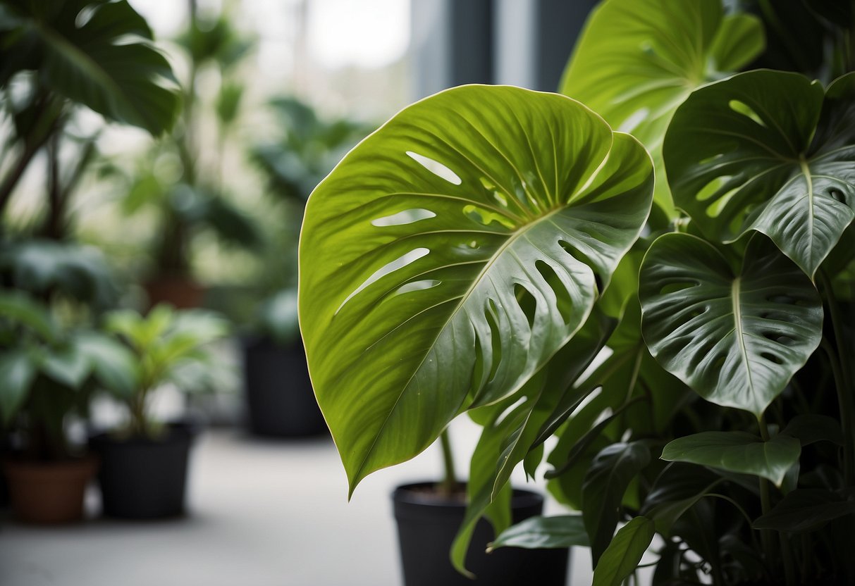 Lush green leaves of Philodendron Atabapoense and Billietiae contrast against a neutral background, showcasing their unique shapes and textures