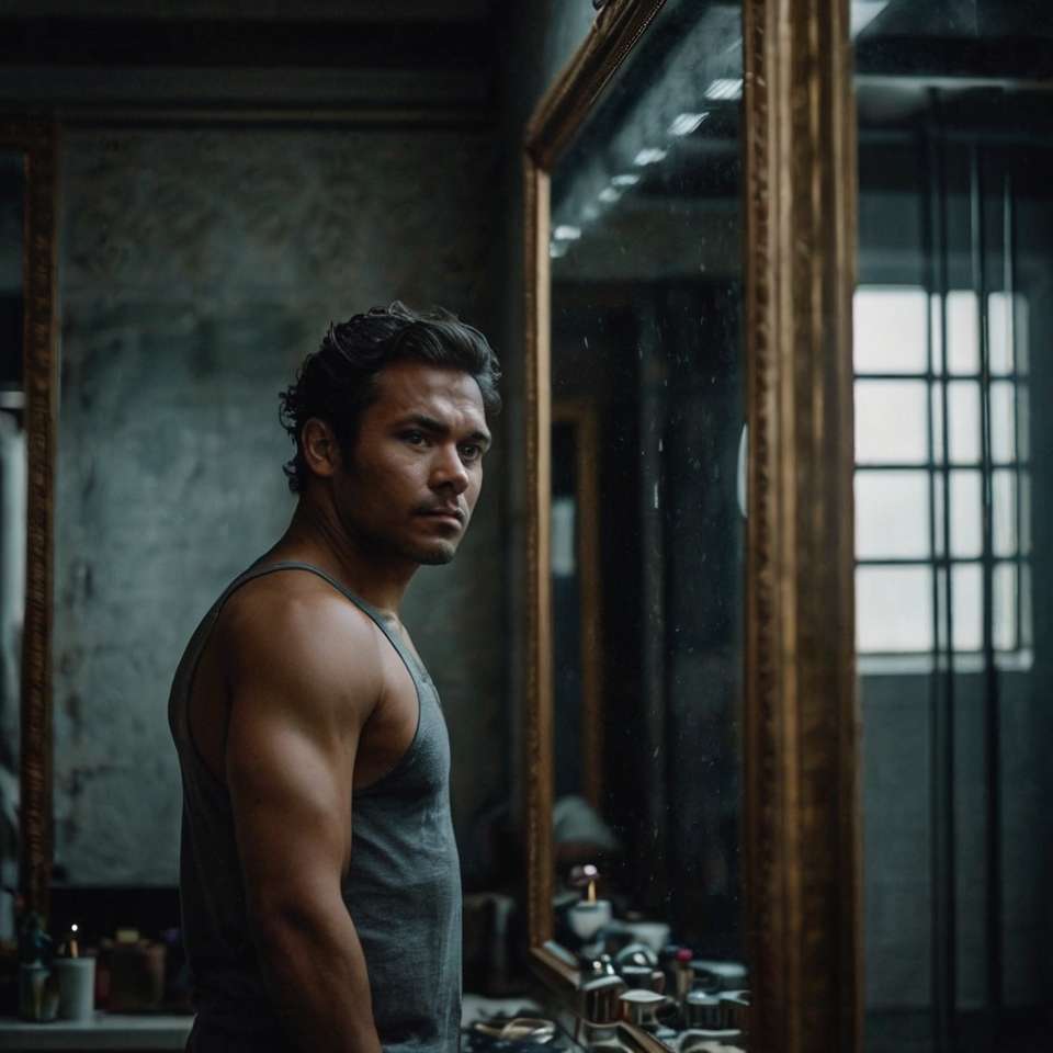 A man standing in front of a mirror, looking at his reflection with determination, representing self-reflection and personal growth after a breakup