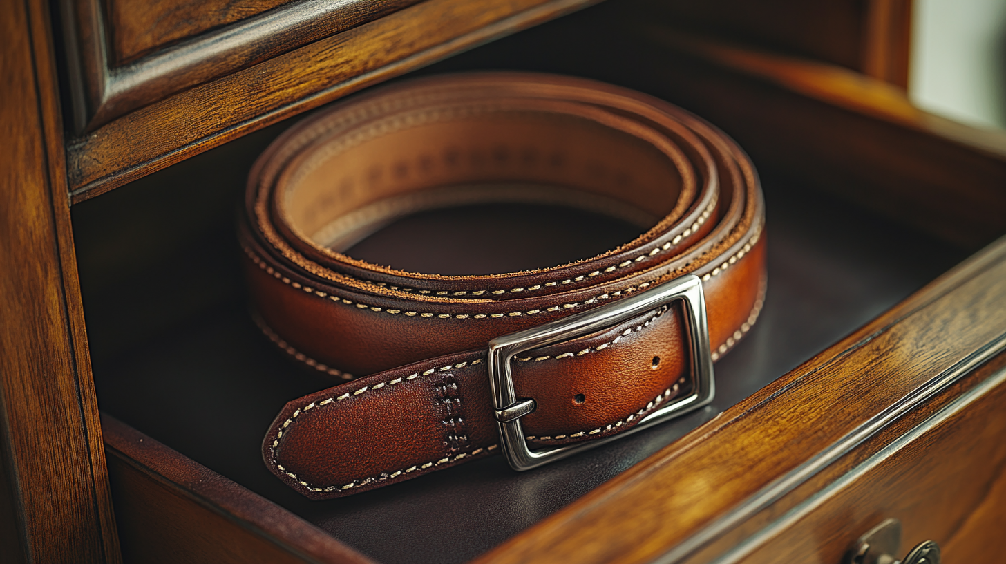 A premium leather belt coiled neatly inside an open wooden wardrobe. The buckle is made of polished silver, catching the warm glow of ambient light. The dark wood backdrop enhances the rich texture of the leather.