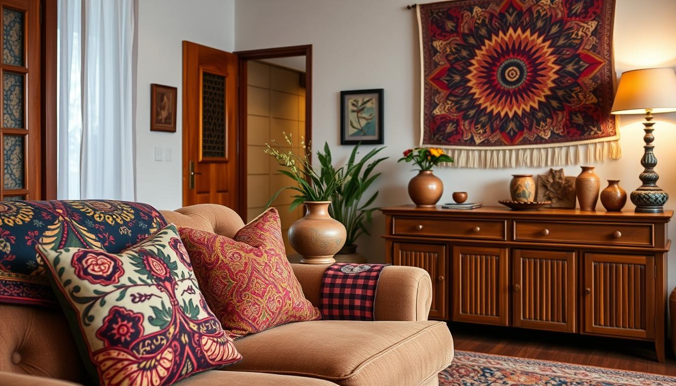 A cozy and vibrant Malaysian home filled with traditional batik-inspired decor. In the foreground, an intricately patterned batik cushion and throw blanket adorn a plush, tufted sofa. The middle ground showcases a wooden side table with a handcrafted ceramic vase and a delicate batik-printed table runner. In the background, a large wall hanging featuring a bold, dynamic batik design hangs above a wooden console table, which displays more batik-clad home accents. Soft, warm lighting casts a welcoming glow, highlighting the rich colors and textures of the authentic Malaysian craftsmanship.