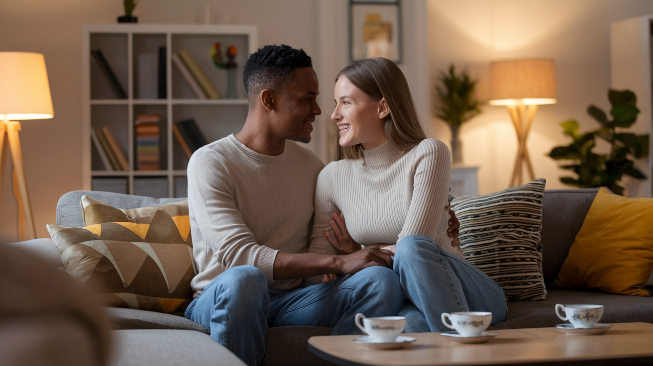 Create a realistic image of a diverse couple sitting together on a couch, having an intimate conversation, with soft warm lighting creating a comfortable atmosphere, their body language showing attentiveness and emotional connection rather than physical intimacy, subtle visual elements like tea cups on a coffee table suggesting a deep discussion about needs and desires.