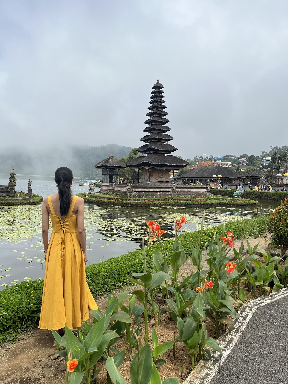 a girl looks at a floating temple surrounded by water and beautiful flowers and mystic fog 