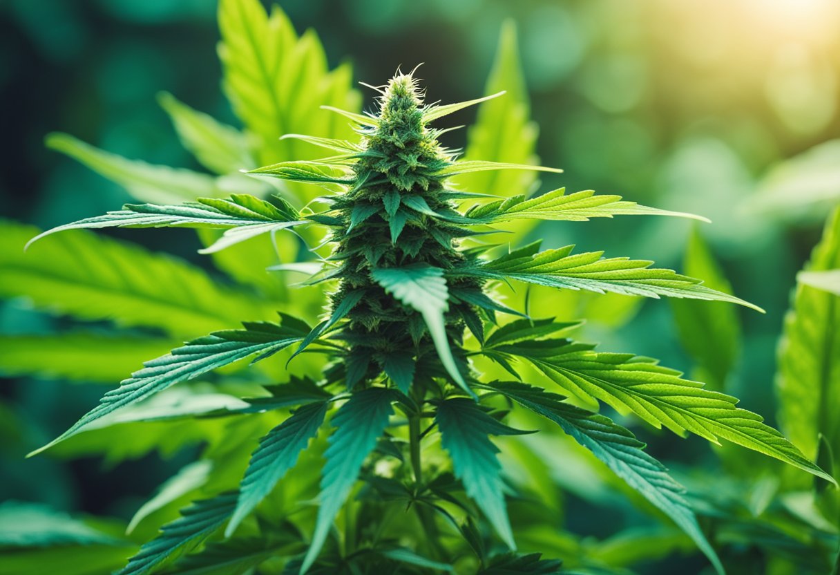 A cannabis plant growing in a vibrant, healthy garden, surrounded by SEO-related elements like keywords, links, and search engine icons